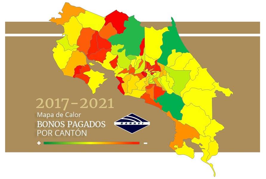 Mapa de calor de Costa Rica con la distribución de los bonos otorgados por cantón. Periodo 2017-2021.
